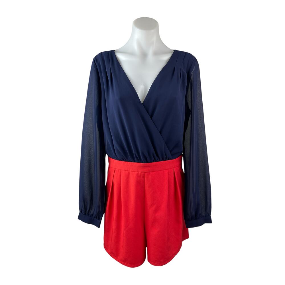 Depri Women's Navy Blue Red Long Mesh Sleeve Backless V Neck Romper Shorts Sz L